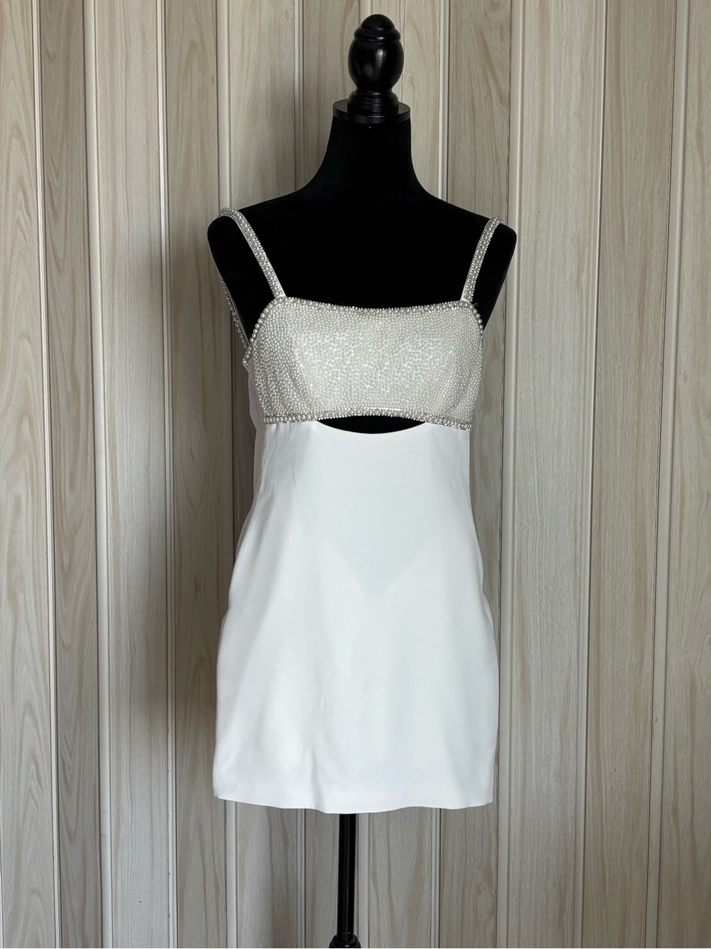 Self-Portrait White Mini Slip Dress with Rhinestone-Embellished Bust